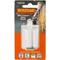 TORK CRAFT Mini Carbon Steel Brush Wheel 22.2mm with 3.2mm Shank