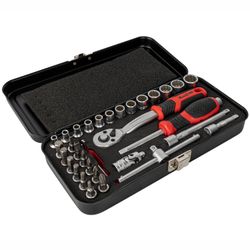 Socket & Ratchet Set 34pc 1/4' Dr Crv 4-14mm 12 . Metal Case