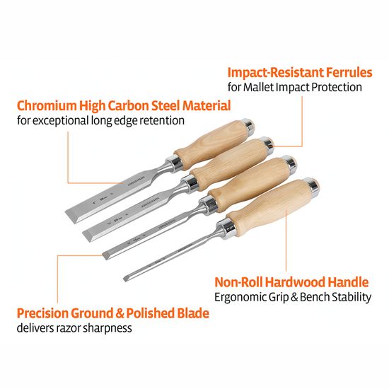 Jorgensen 4pc Wood Chisels Set Incl. 1/4"/ 1/2&rdquo; / 3/4" / 1&rdquo; Chisel
