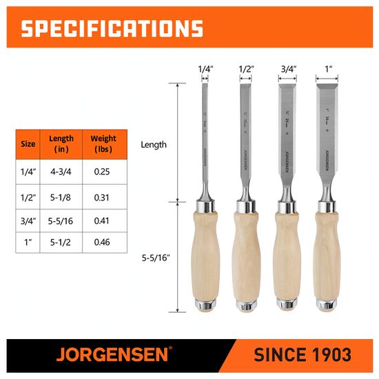 Jorgensen 4pc Wood Chisels Set Incl. 1/4"/ 1/2&rdquo; / 3/4" / 1&rdquo; Chisel