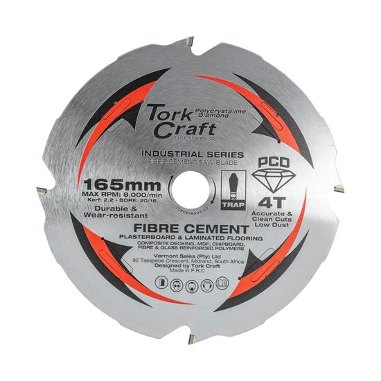 TORK CRAFT  TCPCD16504-20 PCD Saw Blade 165mm x 4T x 20/16mm Fibre Cement MDF Chipboard