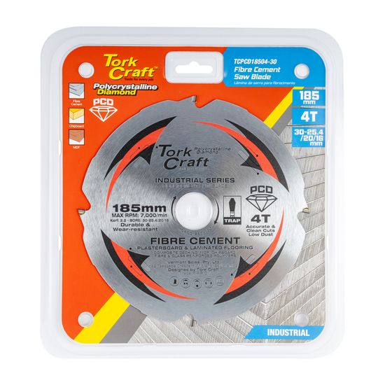 TORK CRAFT  TCPCD18504-30 PCD Saw Blade 185mm x 4T x 30-25.4/20/16mm Fibre Cement MDF Chipboard
