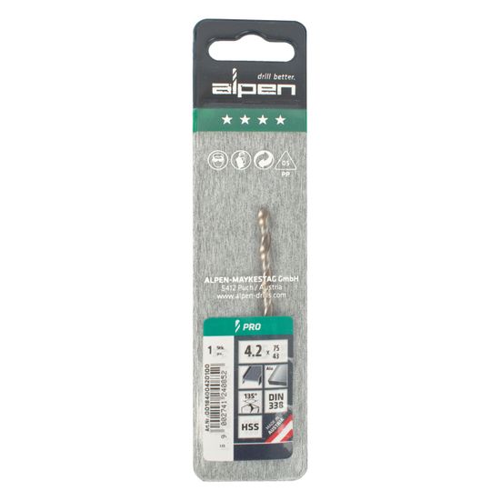 ALPEN Pro Hss 4.2mm Drill Din 338 Rn 135 Split Point Plastic Wallet (