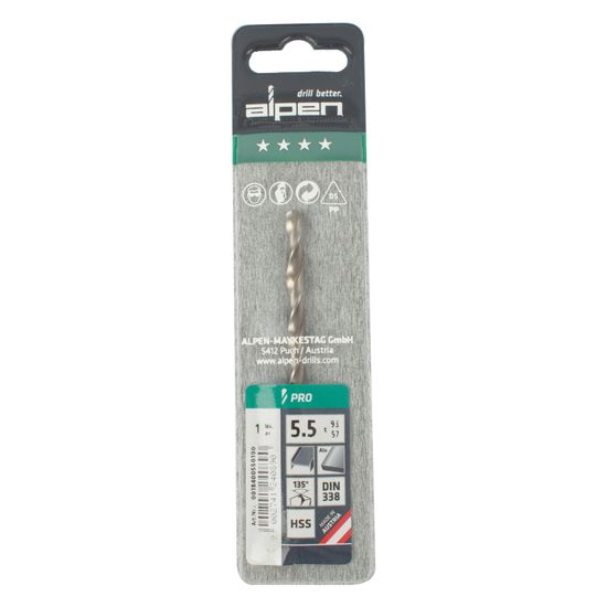 ALPEN Pro Hss 5.5mm Drill Din 338 Rn 135 Split Point Plastic Wallet (