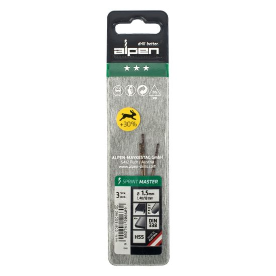 Hss Sprint Master 1.5mm X3 Sleeved Din338 ALPEN Drill Bit
