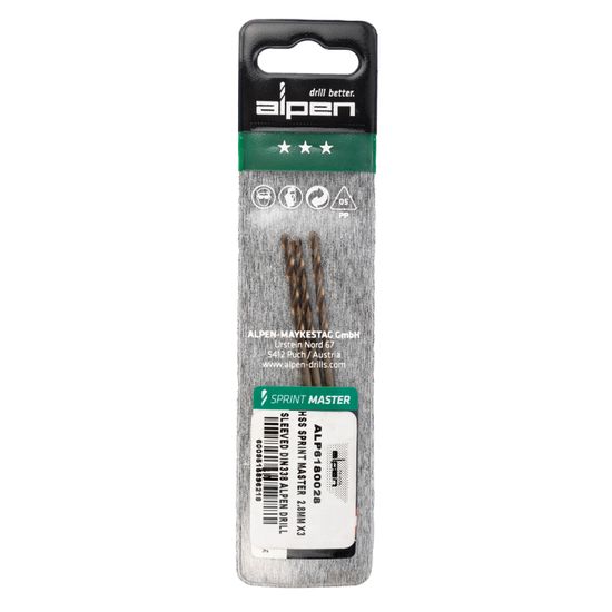 Hss Sprint Master 2.8mm X3 Sleeved Din338 ALPEN Drill Bit