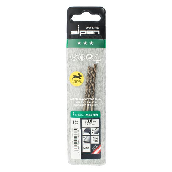 Hss Sprint Master 3.0mm X3 Sleeved Din338 ALPEN Drill Bit