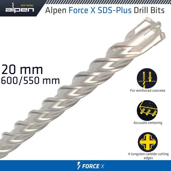 Force X 20.0 X 600/550 Sds-plus Rebar Drill Bit X4 Cutting Edges