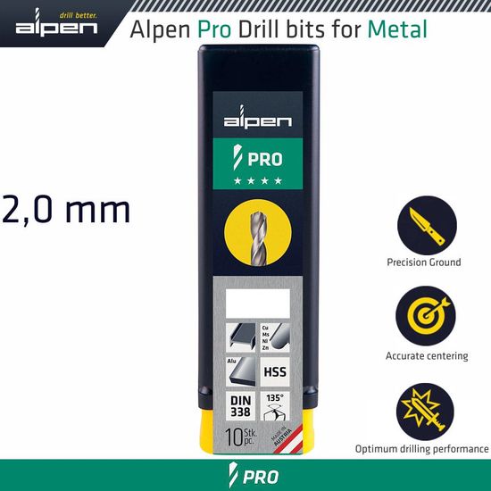 ALPEN Pro 2.0mm Hss Drill Din 338 Rn 135 With Split Point Bulk