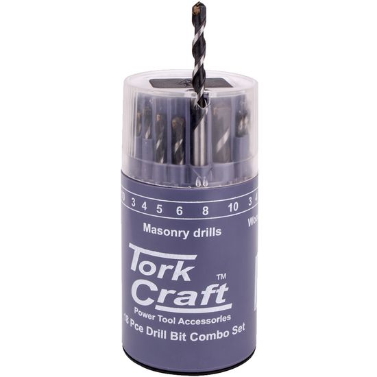 Drill Bit 18 Set Combo Wood + Masonry + Hss In Plastic Container