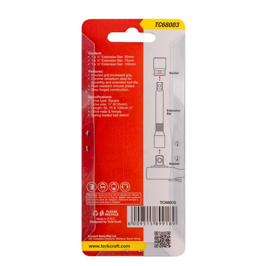Extention Bar 3pc Set 1/4' 50/75/100mm